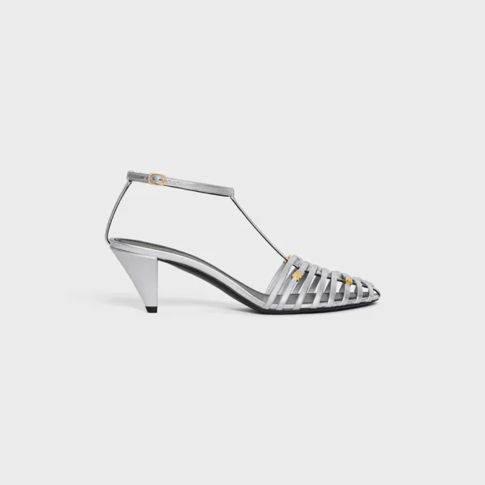 Cage Heeled Sandal in Laminated Lambskin