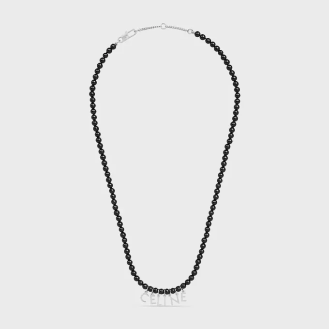 Celine Monochroms Beads Necklace in Onyx and Brass with Rhodium Finish Celine Monochroms Beads Necklace in Onyx and Brass with Rhodium Finish