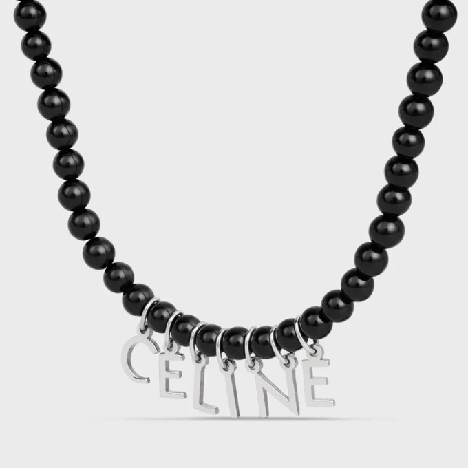Celine Monochroms Beads Necklace in Onyx and Brass with Rhodium Finish Celine Monochroms Beads Necklace in Onyx and Brass with Rhodium Finish