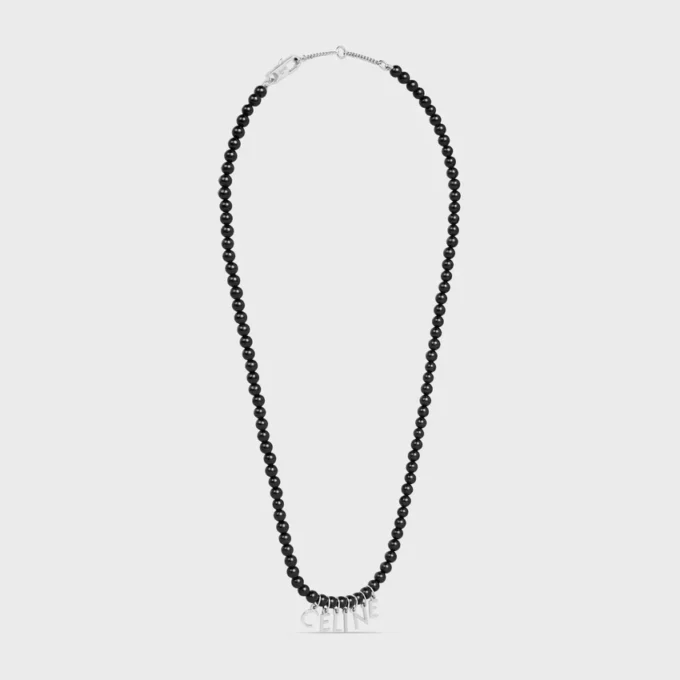 Celine Monochroms Beads Necklace in Onyx and Brass with Rhodium Finish Celine Monochroms Beads Necklace in Onyx and Brass with Rhodium Finish