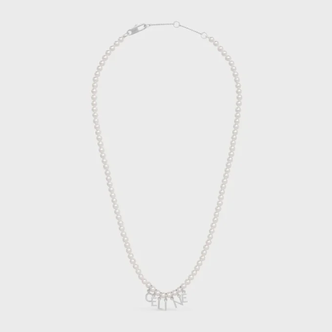 Celine Monochroms Necklace in Glass Pearls and Brass with Rhodium Finish Celine Monochroms Necklace in Glass Pearls and Brass with Rhodium Finish