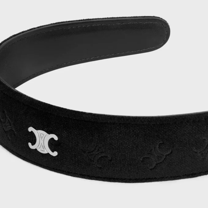 Celine Stamped Headband in Calfskin, Polyester and Brass with Rhodium Finish