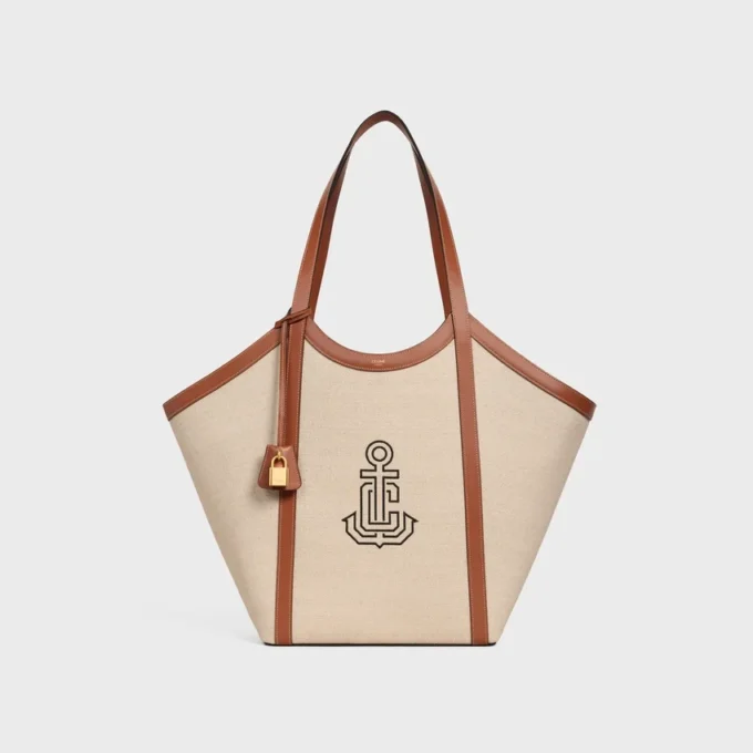 Large Cabas in Textile with Anchor Embroidery and Calfskin
