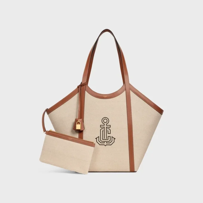 Large Cabas in Textile with Anchor Embroidery and Calfskin