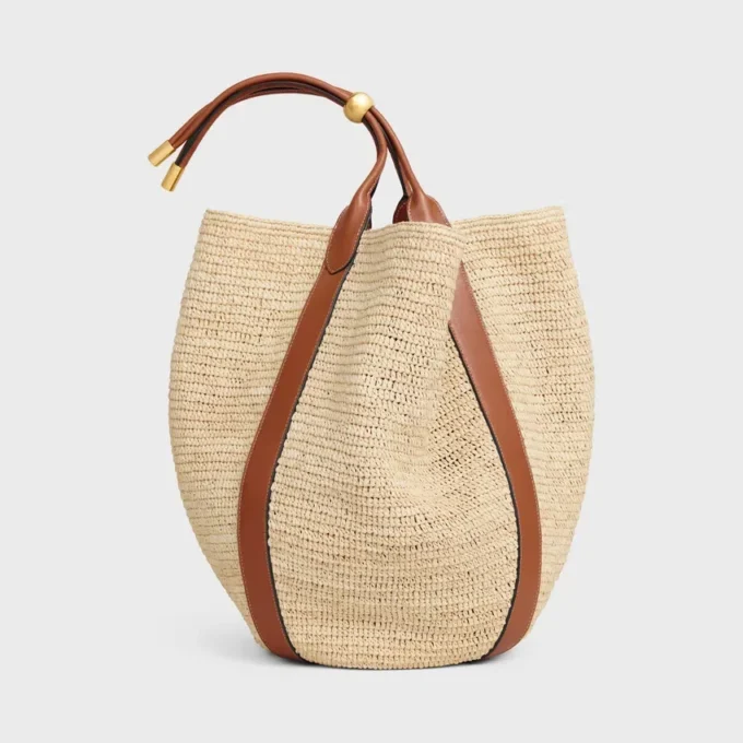 Large Drop Bucket Bag in Raffia and Calfskin
