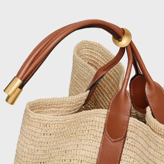 Large Drop Bucket Bag in Raffia and Calfskin