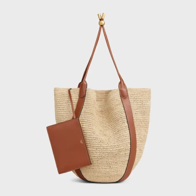 Large Drop Bucket Bag in Raffia and Calfskin