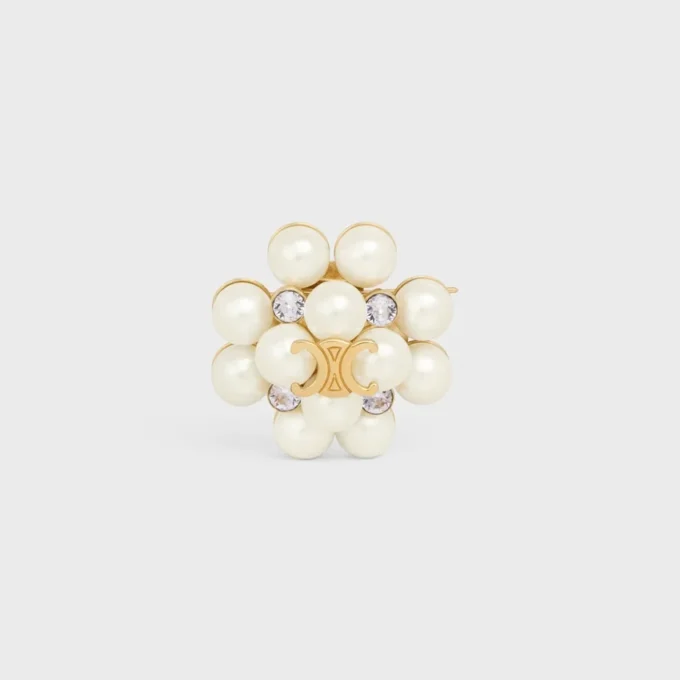 Les Perles Celine Brooch in Strass, Resin Pearls, Brass with Gold Finish and Steel