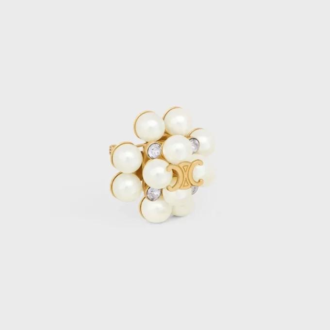 Les Perles Celine Brooch in Strass, Resin Pearls, Brass with Gold Finish and Steel