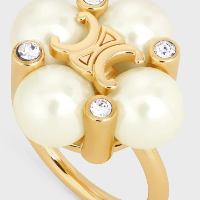 Les Perles Celine Ring in Strass, Resin Pearls and Brass with Gold Finish