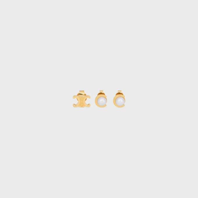 Les Perles Celine Set of 3 Studs in Resin Pearls and Brass with Gold Finish