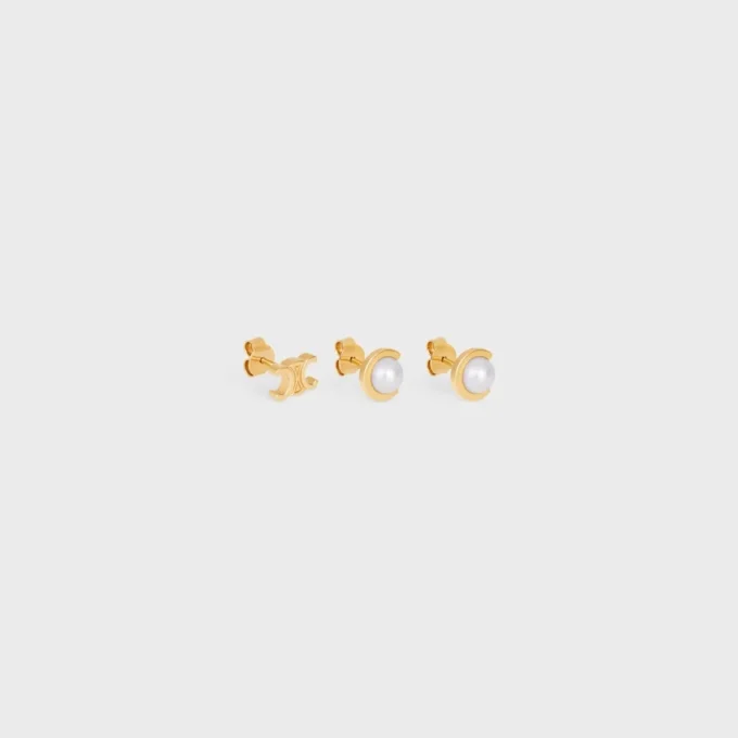 Les Perles Celine Set of 3 Studs in Resin Pearls and Brass with Gold Finish