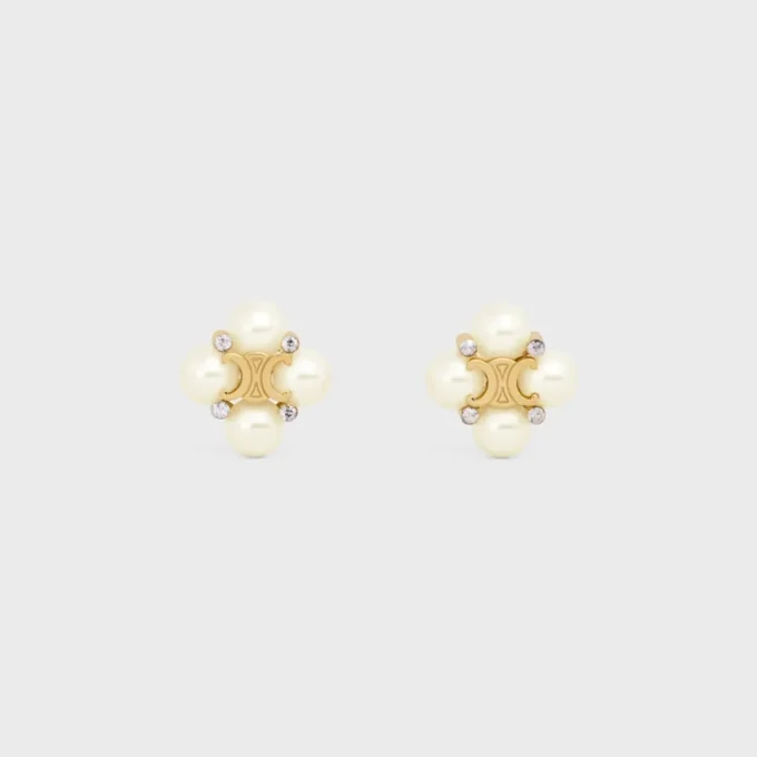 Les Perles Celine Studs in Strass, Resin Pearls and Brass with Gold Finish
