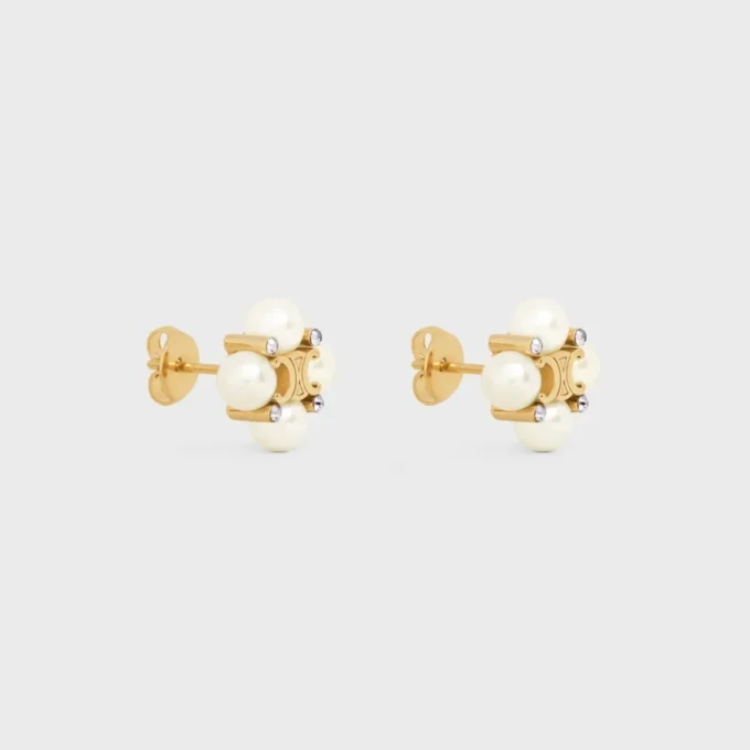 Les Perles Celine Studs in Strass, Resin Pearls and Brass with Gold Finish
