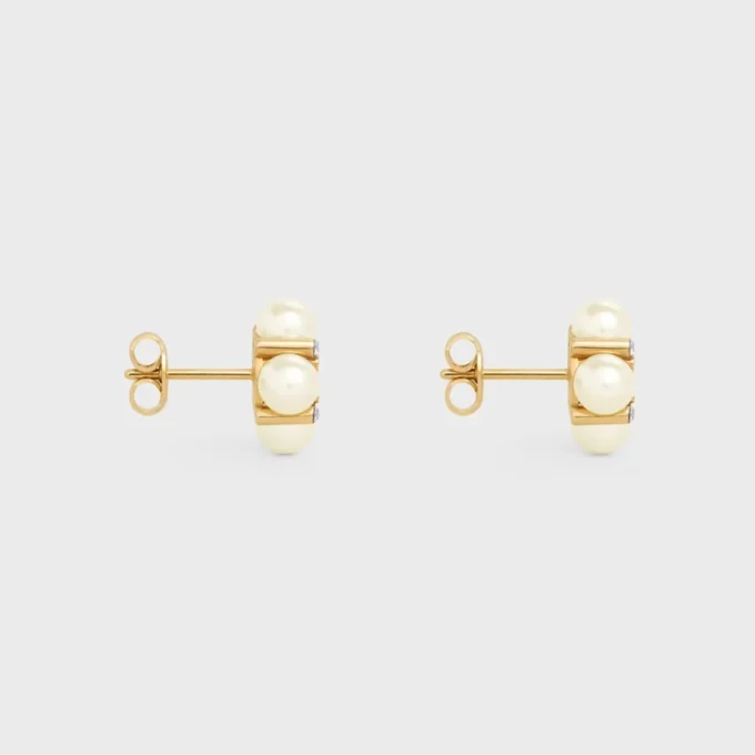 Les Perles Celine Studs in Strass, Resin Pearls and Brass with Gold Finish