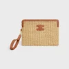 Small Pouch with Strap in Raffia Effect Textile and Calfskin