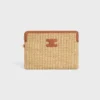 Small Pouch with Strap in Raffia Effect Textile and Calfskin