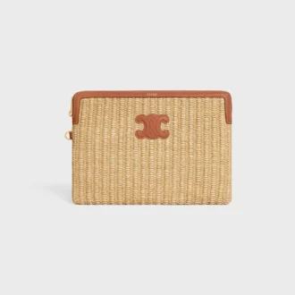 Small Pouch with Strap in Raffia Effect Textile and Calfskin Small Pouch with Strap in Raffia Effect Textile and Calfskin