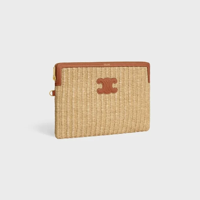 Small Pouch with Strap in Raffia Effect Textile and Calfskin