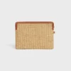 Small Pouch with Strap in Raffia Effect Textile and Calfskin