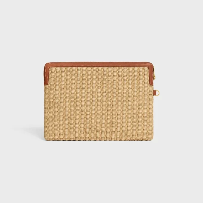 Small Pouch with Strap in Raffia Effect Textile and Calfskin