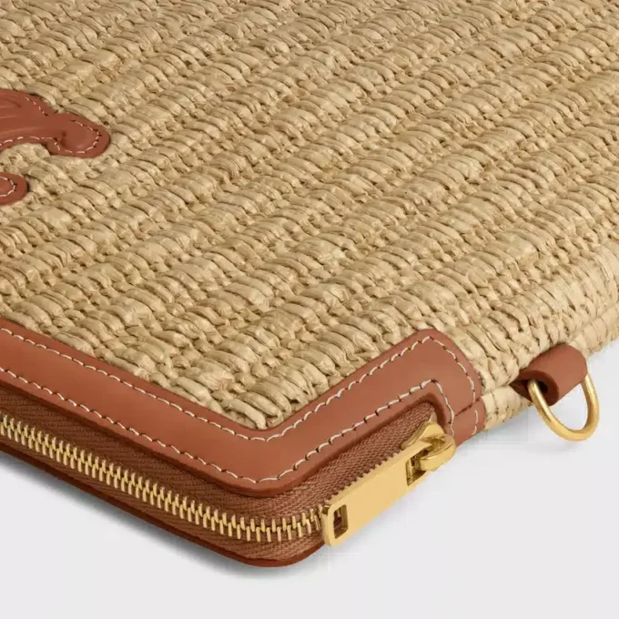 Small Pouch with Strap in Raffia Effect Textile and Calfskin