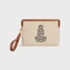 Small Pouch with Strap in Textile with Anchor Embroidery and Calfskin