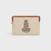 Small Pouch with Strap in Textile with Anchor Embroidery and Calfskin