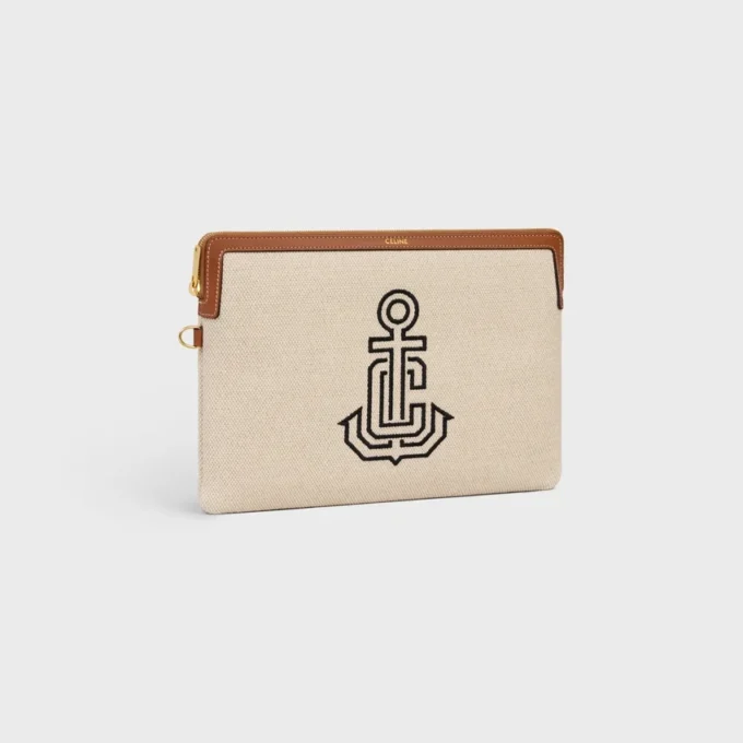 Small Pouch with Strap in Textile with Anchor Embroidery and Calfskin