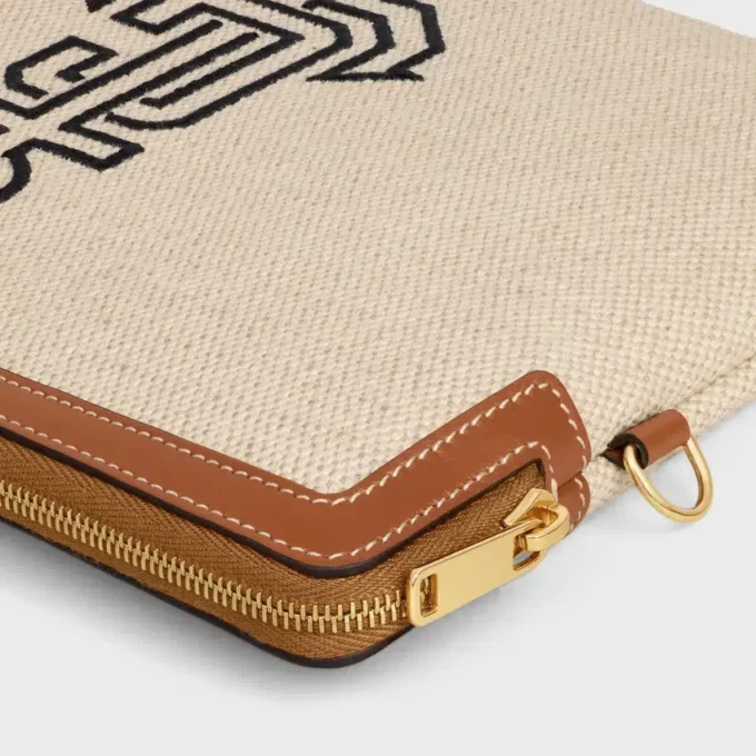 Small Pouch with Strap in Textile with Anchor Embroidery and Calfskin