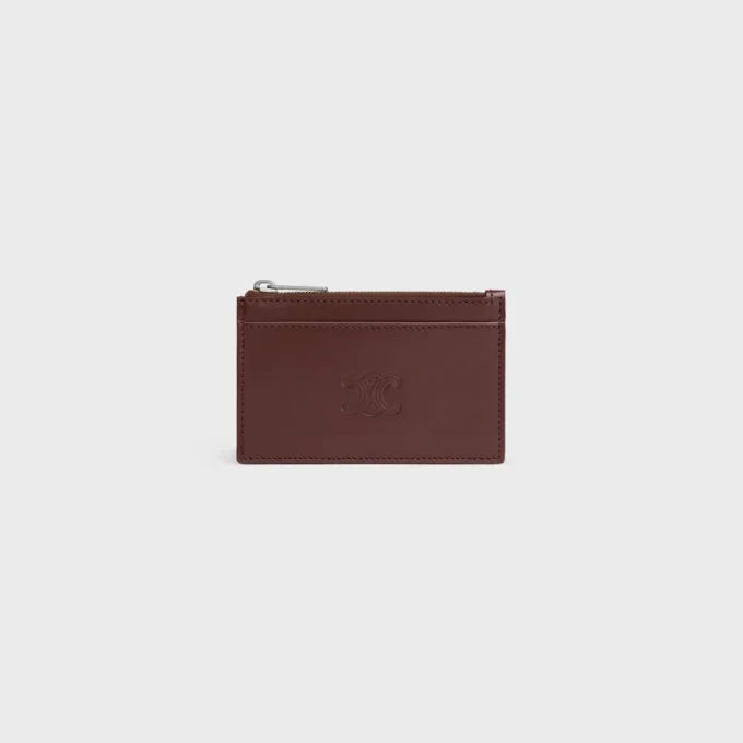 Zipped Card Holder in Satinated Calfskin with Triomphe Embossed